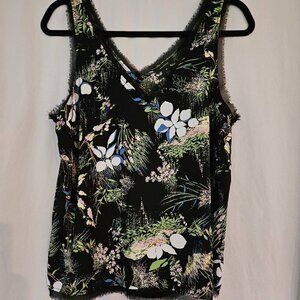 Halogen Raw Edge Floral V-Neck Sleeveless Tank Top - Black and Green
